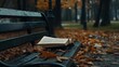 © QualityFocus - An open book on an empty park bench in autumn, pages gently turning, conveying stories of personal history and past.