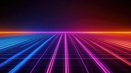 Wall Mural - colorful neon light lines flying in the dark room with empty floor space for design, banner, or pres