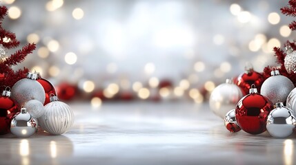 Aufkleber - Red and Silver Christmas Ornaments with a Bright and Sparkling Holiday Background : Generative AI