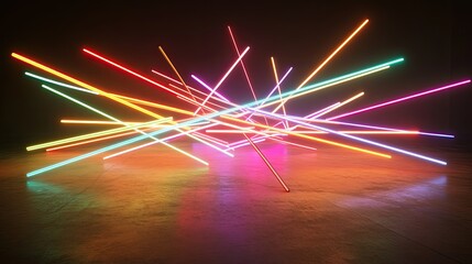 Wall Mural - colorful neon light lines flying in the dark room with empty floor space for design, banner, or pres