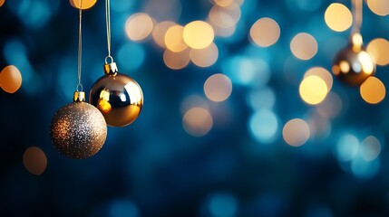 Aufkleber - Sparkling Gold Christmas Baubles with Blue Bokeh in the Background : Generative AI