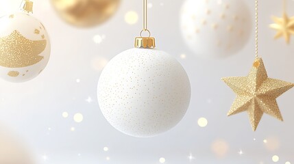 Poster - Minimalist Gold and White Christmas Ornaments with Sparkling Effects : Generative AI