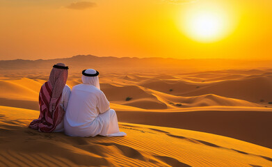 Wall Mural - Two men in traditional Middle Eastern attire sit on a sand dune, watching the sunset over a vast desert landscape.