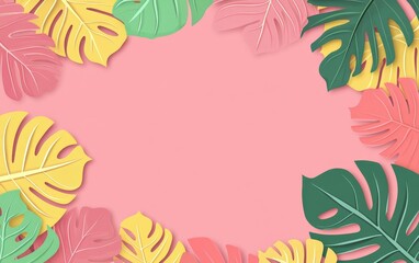 A vibrant arrangement of colorful leaves on a pink background, ideal for invitations or tropical themes.