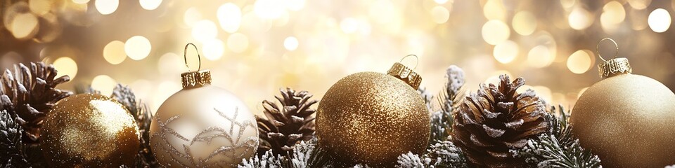 Poster - Shimmering Gold Christmas Baubles and Pine Cones with Snowflakes and Bokeh Lights for Festive Decor : Generative AI
