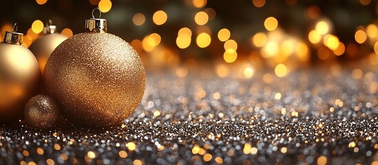 Aufkleber - Glittering Gold Christmas Ornaments with Warm Bokeh Lights Creating Festive Holiday Ambiance : Generative AI