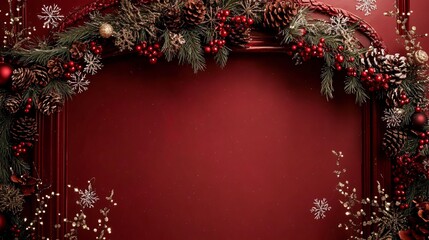 fireplace with garlands of pinecones and berries, isolated on a rich red background with snowflakes 
