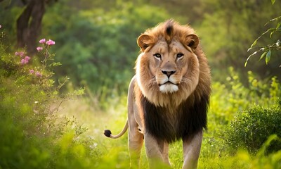 close-up of a lion against the backdrop of blooming green spring nature