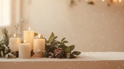 Modern fireplace with simple holiday greenery and candles, isolated on a soft beige background with snow sparkles