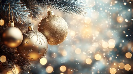 Aufkleber - Golden Christmas Tree Ornaments with Beautiful Background Bokeh Lights : Generative AI