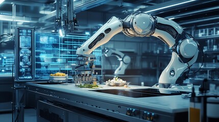 Fototapete - Two robotic arms prepare food in a futuristic kitchen.