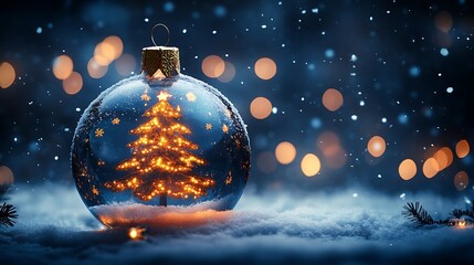 Aufkleber - Festive Christmas Ornament with Glowing Tree Inside and Falling Snow : Generative AI