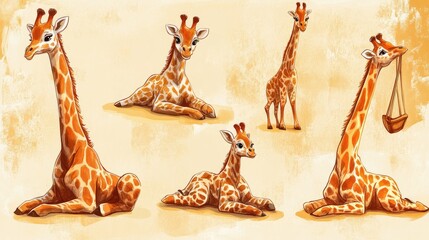 Charming Cartoon Giraffes in Various Playful Poses