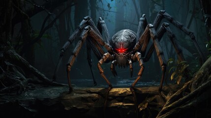 An artistic rendering of a Giant Bird-Eating Spider in a dark, shadowy corner of the rainforest, with its intricate patterns and large eyes glowing subtly in the dim light. 