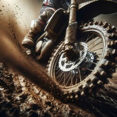 Closeup of motocross bike tire wheel passing through mud road. Copy space, extreme offroad sport race, dirty grunge tyre tread, motorcycle vehicle speed, rally trail pattern, traction.