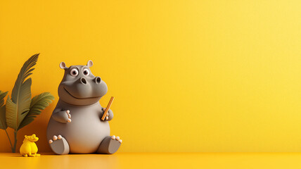 Poster - cheerful 3D illustration of hippopotamus holding pencil, set against vibrant yellow background with small plant and toy