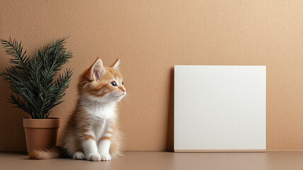 Poster - cute kitten sits beside potted plant and blank canvas in cozy room, creating serene and artistic atmosphere. warm tones add to inviting ambiance