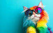 © Curioso.Photography - Colorful rainbow-furred kitten wearing black glasses, set against a bright blue background.