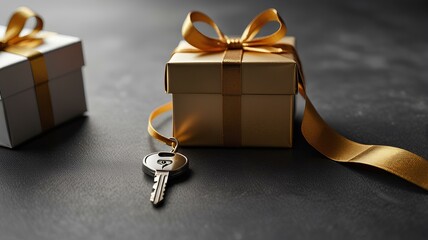 Car key and gift box with present new surprise sale and birthday christmas holiday, luxury automobile with metal ribbon and golden bow.