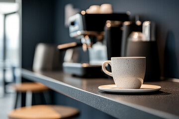 Modern office break room, with sleek countertops, a coffee machine, and stools.