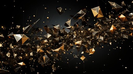 Wall Mural - abstract golden geometric shapes interconnected by fine lines and glowing points against a black bac