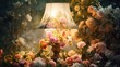 © Sjudy - Create an artistic representation of a lamp with a lampshade made of cascading flowers or flowing fabric, blending seamlessly into a garden or nature-