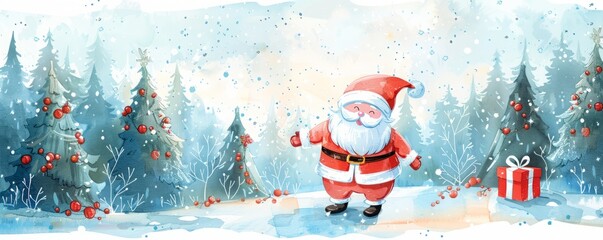 santa claus in winter forest watercolor illustration.