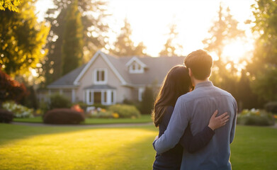 couple embracing while looking at their new home during sunset, representing love, homeownership, an