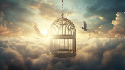 Design a scene where a cage is suspended in mid-air, surrounded by swirling clouds or ethereal light, with the focus on the symbolism of the cage as a barrier between two realms.