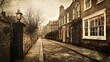 © Farn - 49. Panoramic view of English row houses along a quiet street, softened by an old camera s warm grain