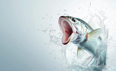 Action shot of a fish leaping out of water with splashes, isolated against a light background.