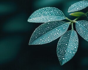 Raindrop on leaf reflecting surroundings, intense detail, soft focus background, green tones, purity and calm in nature