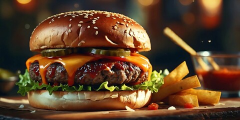 A towering burger with melted cheese, crisp lettuce, and juicy patties.