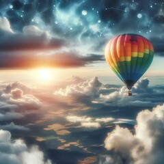 Wall Mural - a colorful hot air balloon flying high in the sky, adventure journey through the clouds, freedom and