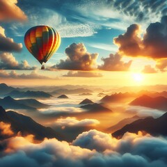 Wall Mural - a colorful hot air balloon flying high in the sky, adventure journey through the clouds, freedom and