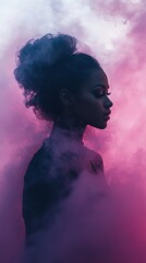 Wall Mural - beautiful silhouette of woman in profile on pink purple smoke background