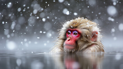 japanese macaque rest in hot spring, geothermal water source, winter