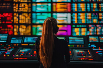 Wall Mural - a female it professional with their back to the viewer observing the large amount of computer monito