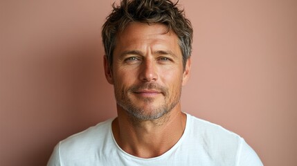 minimalistic portrait of adult caucasian softly smiling man is 40 years old wearing white t-shirt on