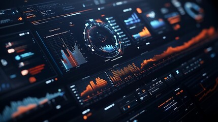 Poster - A close-up shot of a digital screen displaying various charts and graphs with data visualizations and information for analysis, tracking progress, and business intelligence.