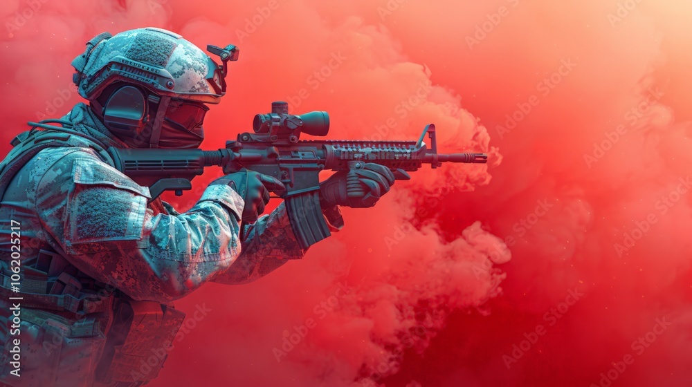 Soldier in action with a rifle ready. Stock Illustration | Adobe Stock