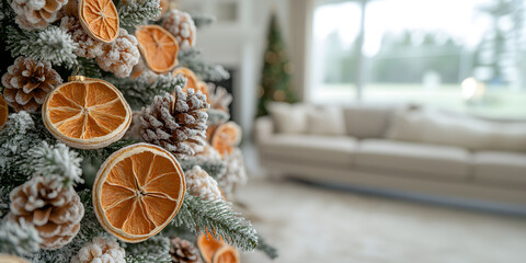 Wall Mural - A beautifully decorated Christmas tree featuring dried orange slices and pinecones in a cozy living room setting with a warm atmosphere during the holiday season