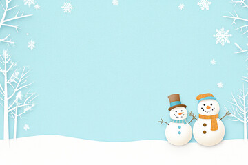 two snowmen standing in the snow with a blue background