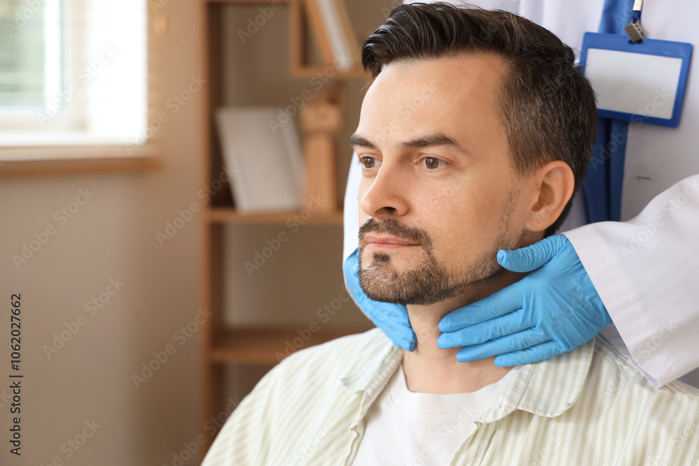 Female endocrinologist examining man's thyroid gland at home, closeup
