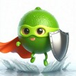© JetHuynh - A cute, green lime cartoon character dressed as a superhero, with a cape and mask, is flying through the air, holding a shield, and creating a splash of water as it lands.