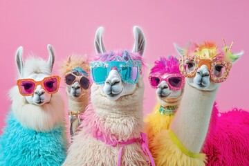 creative animal concept. group of lama in funky wacky wild mismatch colourful outfits on bright back