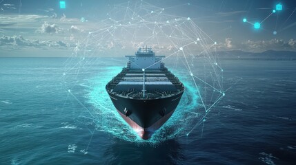 Wall Mural - A digital depiction of a cargo ship navigating through water, surrounded by futuristic network graphics symbolizing connectivity and technology.