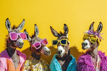 Wall Mural - creative animal concept. group of donkeys in funky wacky wild mismatch colourful outfits on bright b
