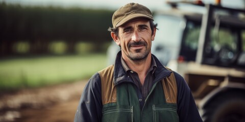 A portrait of a male farmer in overalls stands near his farm. Generative AI.