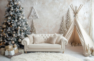 cozy, luxurious Christmas themed living room with decorated tree, elegant sofa, and charming teepee tent, creating festive and inviting atmosphere